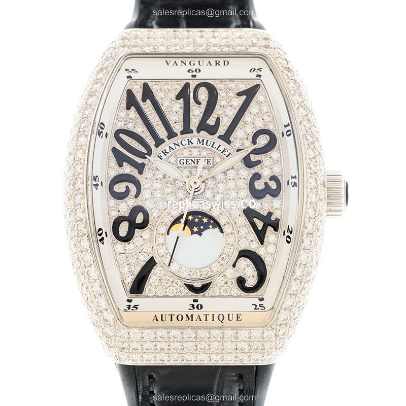 Franck Muller V32SC AT FO L D CD - Automatic 18kt White Gold - Diamond Silver Dial - Black Leather Strap - Luxury Replica LADIES COLLECTION Watch